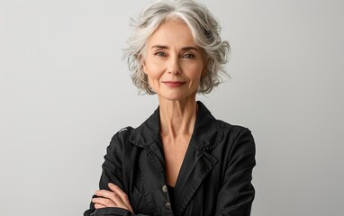 A woman with a black jacket and gray hair is smiling