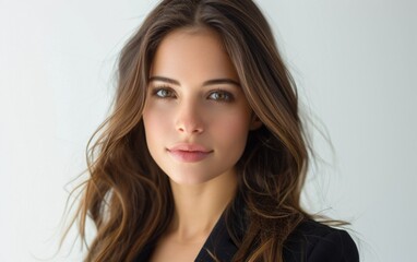 Fototapeta premium A woman with long brown hair and a black jacket. She has a smile on her face. Concept of confidence and positivity