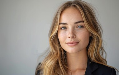Naklejka premium A woman with blonde hair and a black jacket is smiling. She has a light skin tone and a bright, happy expression