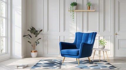 A bright Scandinavian living room with a bold blue armchair as the centerpiece, surrounded by clean, white walls, and complemented by a geometric pattern rug. 3D illustration.