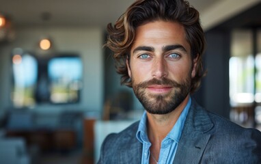 A man with a beard and blue shirt is smiling for the camera. He is wearing a suit and tie