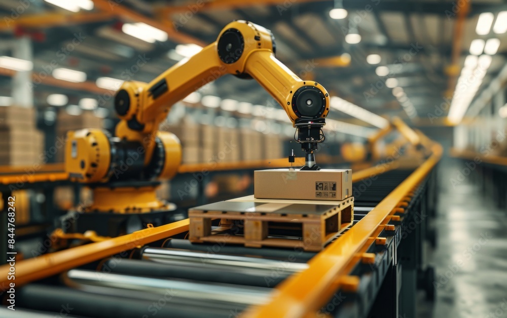Poster a robot is working on a pallet of boxes. the robot is yellow and has a box on its arm