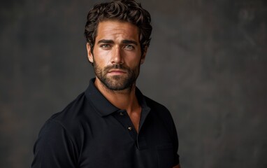 Fototapeta premium A man with a beard and a black shirt is standing in front of a wall. He looks serious and focused