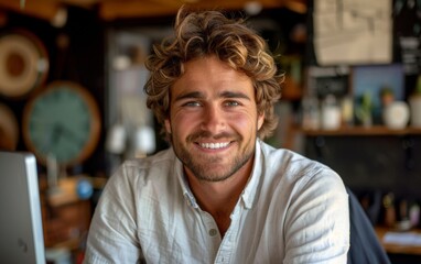 Obraz premium A man with curly hair is smiling and wearing a white shirt. He is sitting at a desk with a laptop in front of him