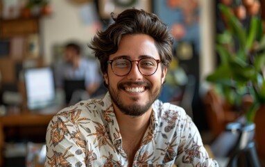 Fototapeta premium A man with glasses is smiling and wearing a floral shirt. He is sitting at a desk with a potted plant in the background