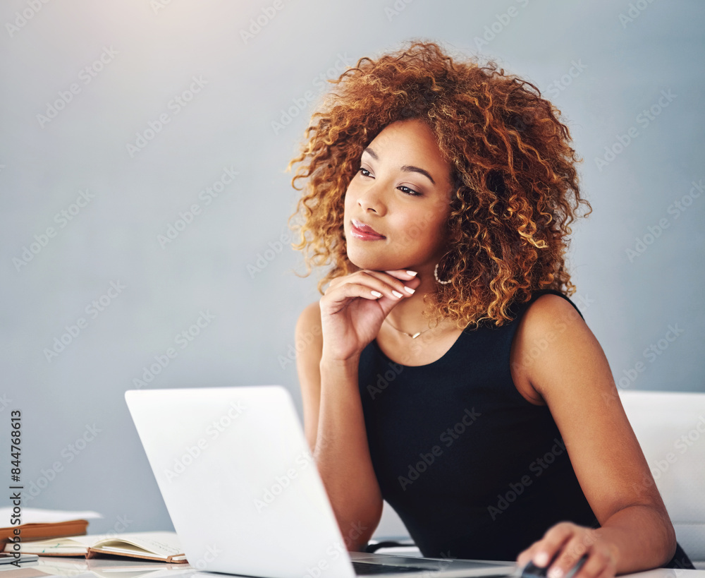 Aufkleber Thinking, laptop and business woman in office for problem solving, brainstorming ideas and solution. Professional, corporate and person with computer for research, website and internet in studio