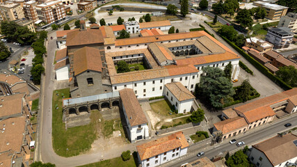 Aerial view of the University of Tuscia located in Viterbo, Lazio, Italy. It is located in a historic building in the city.