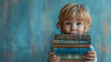 Adorable Child Holding Stack of Vintage Books - Education, Learning, and Reading Concept - Cute Little Reader with Antique Books Against Artistic Background