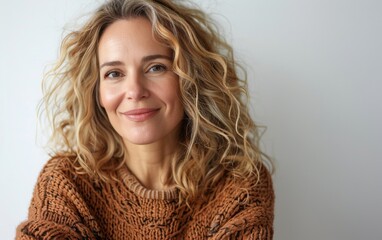 A woman with curly hair is smiling and wearing a brown sweater. She looks happy and content. The sweater is knitted and has a pattern on it