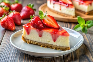 A delicious strawberry cheesecake on a table