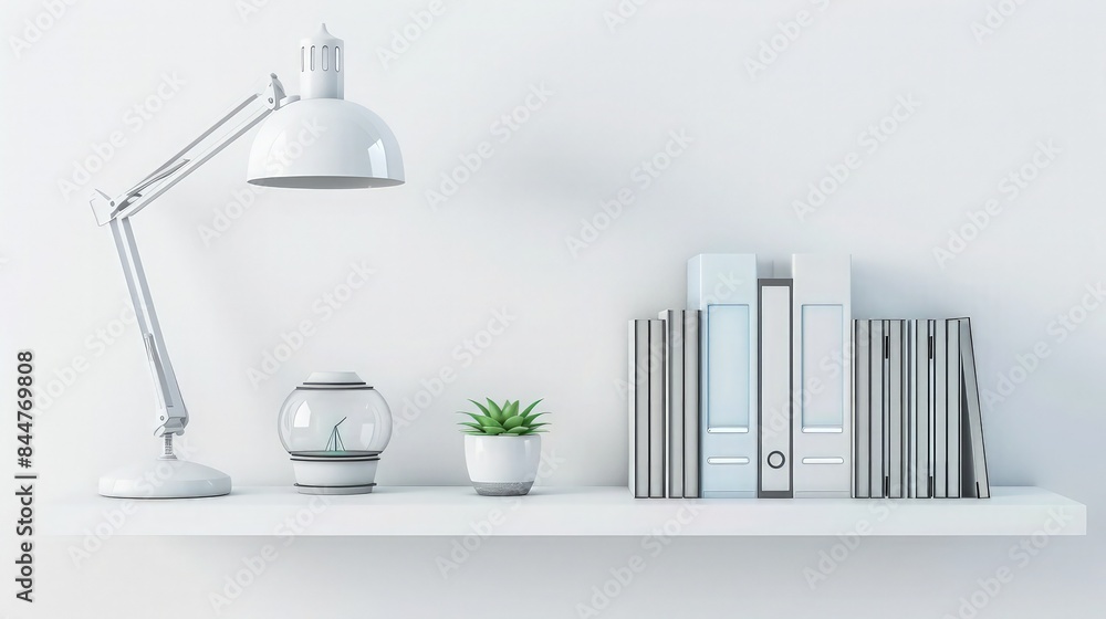 Poster a clean, modern study area with a floating shelf that holds a futuristic lamp, a series of technical
