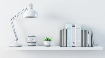 A clean, modern study area with a floating shelf that holds a futuristic lamp, a series of technical books, and a small succulent, set against an immaculate white wall for a professional mockup.