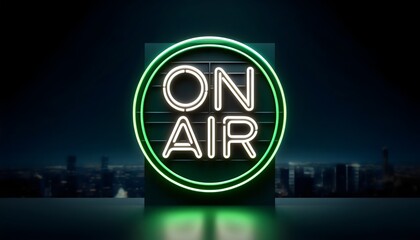 This compelling image captures a vibrant "ON AIR" neon sign in a striking green hue, set against a backdrop of a cityscape at night