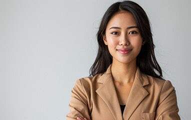 Obraz premium A woman in a tan jacket and black shirt is smiling for the camera. She has a confident and professional demeanor