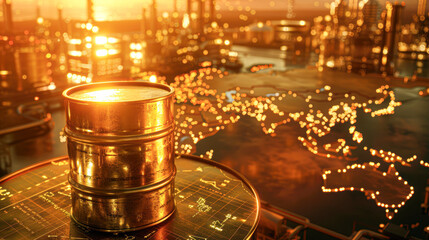 A barrel of oil as the central subject, showcasing its golden metallic texture and shiny surface.
