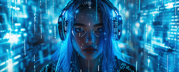Fototapeta premium female avatar with blue hair wearing headphones, surrounded by pop-up message screens. Metaverse concept