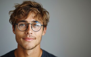 Obraz premium A man with glasses and a beard is smiling. He is wearing a black shirt. Concept of confidence and friendliness