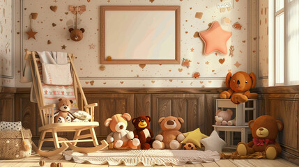 Obraz premium Adorable baby room with a rocking chair, stuffed animals, and a frame awaiting your special photo.