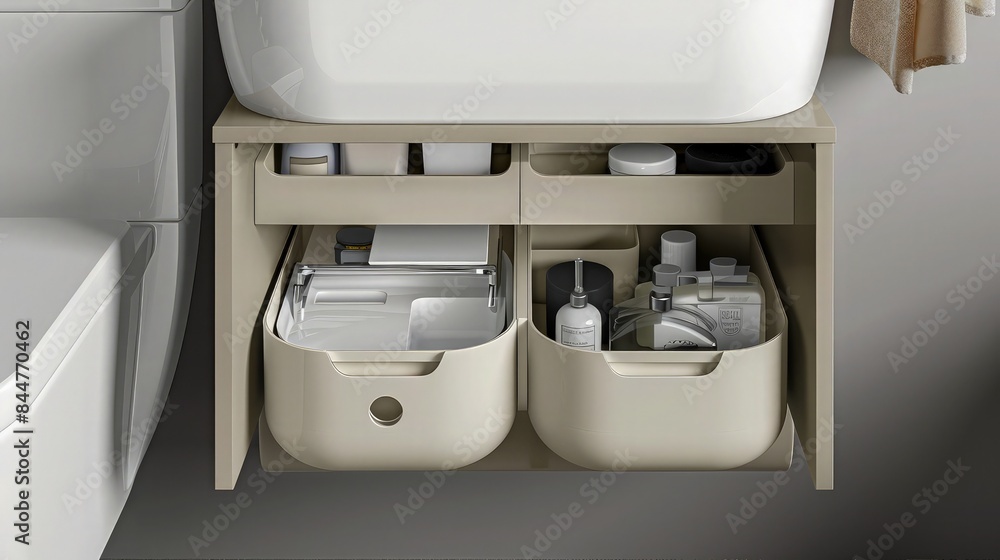 Poster a compact under sink storage unit designed for small spaces, featuring smart pull-out drawers and a 
