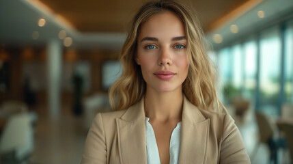 Fototapeta premium confident businesswoman in beige suit looking forward and posing