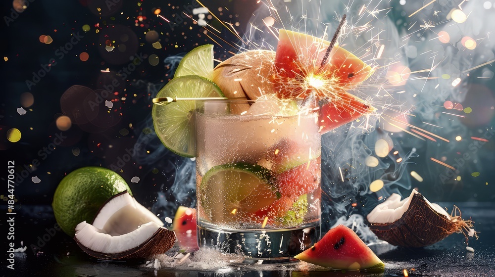 Poster a conceptual image showing the ingredients of a guava, coconut, and lime sparkler exploding out of a