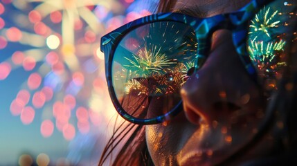 Fototapeta premium reflection of fireworks in sunglasses generative ai