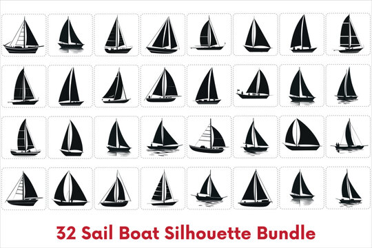 Sail Boat Silhouette Bundle With Different Style. boat silhouette