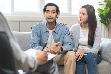 Psychology, Happy asian young woman and man couple love, consulting problem mental health together...