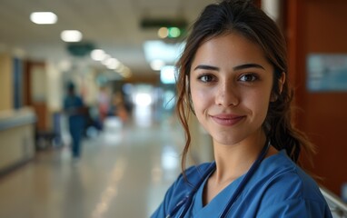 Obraz premium A woman in a blue scrubs is smiling at the camera. She is a nurse and is standing in a hospital hallway
