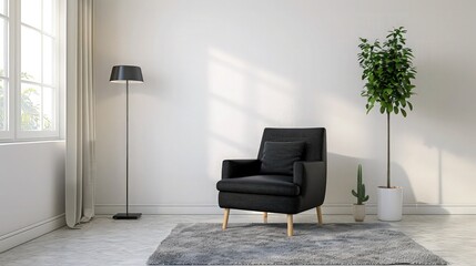 A contemporary black armchair in the corner of a room with a bright white wall, complemented by a small, elegant floor lamp and a plush gray rug.