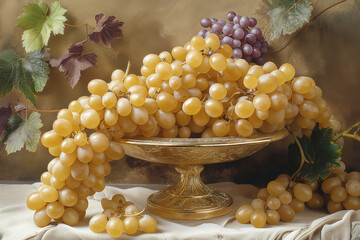 white grapes on golden vintage standing plate