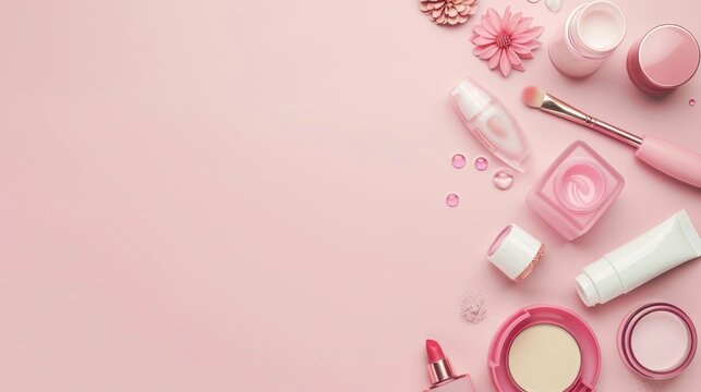 Beauty products and accessories arranged on pastel background Top view with space for text