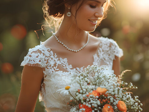 Frau an der hochzeit in einem blumenfeld mit blumen