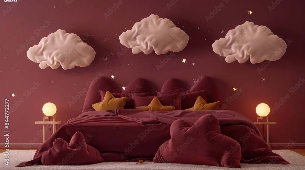 Poster a cozy bedroom with a bed set and cloud sets both in rich burgundy, with four tiny stars adding a to