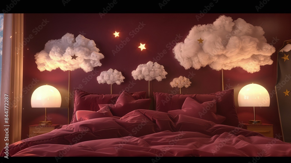 Poster a cozy bedroom with a bed set and cloud sets both in rich burgundy, with four tiny stars adding a to