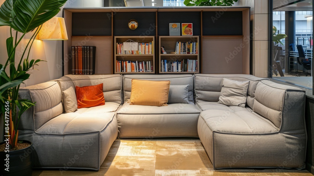 Poster a cozy corner in an open office space, equipped with soft, modular sofas and a small library, where 