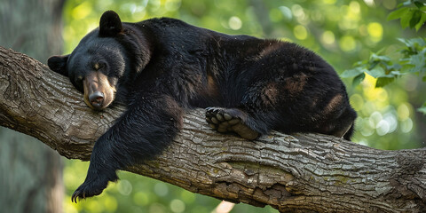 Obraz premium A large American Black Bear sleeps on a limb of a tree