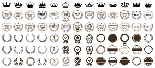 Award winner emblem with floral wreath, tree branch wreath, laurel wreath of victory icons, crown collection, set of golden laurel wreath element for winner or champion, laurel frame decoration © dlyastokiv