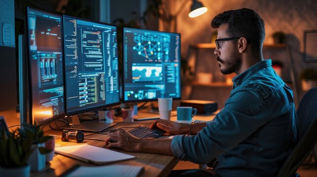 A software developer works on code late into the night, illuminated by the glow of multiple computer screens in a modern office. AIG41