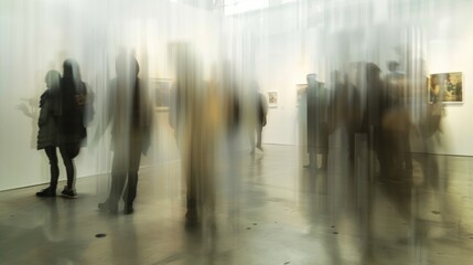 Fototapeta premium Light and shadows dance in a dreamy blur creating a sense of ethereal escape as the artworks fade into the background at the gallery. .