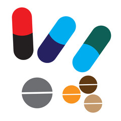 Fototapeta premium Pills icon set, vector, capsule icon. Medical icon, silhouette, Tablet pharmacy symbol, logo, Drug sign and symbol. Vector illustration. 