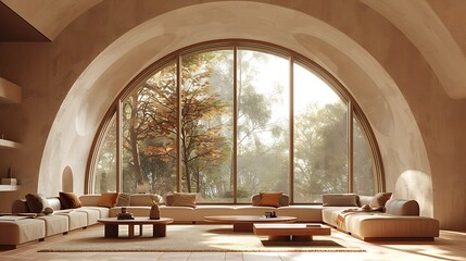 Modern living room with large arched windows overlooking a forest in autumn sunlight 