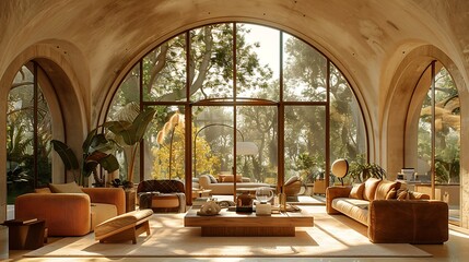 Modern living room with stylish furniture and large panoramic windows overlooking a serene forest landscape. 