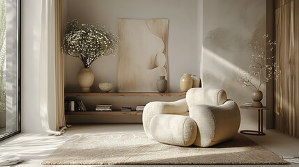 A tranquil and stylish modern living room bathed in natural light with elegant decor and furniture 