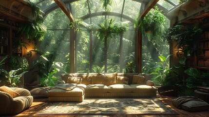 Sunlight filters through a lush indoor garden surrounding a cozy reading nook with a comfortable sofa and books, creating a serene and inviting atmosphere.
