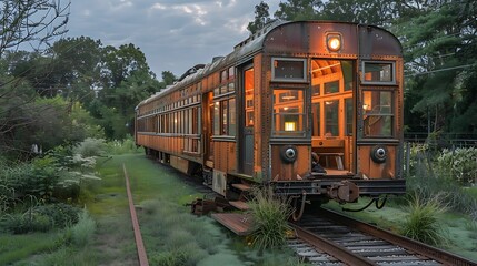 Obraz premium Vintage passenger train cars on an overgrown track at dusk with interior lights illuminated 