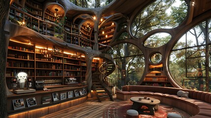 Obraz premium An artistic rendering of a modern treehouse library with expansive bookshelves intertwined with natural wood architecture and cozy seating areas. 