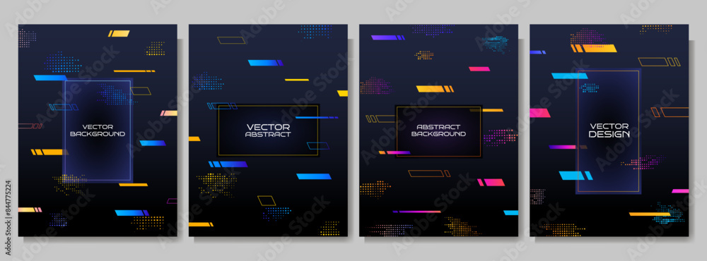 Poster vector dynamic illustration. flow of graphic elements: halftone dots, striped lines. memphis pattern