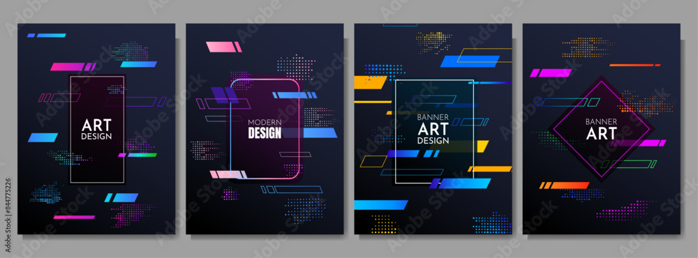 Poster vector dynamic illustration. text box frame. flow of graphic elements: halftone dots, striped lines.
