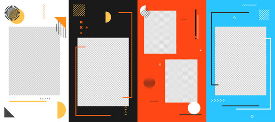 Vector illustration. Geometric abstract photo frame set. Memphis pattern. Design elements for flyer, voucher, coupon, leaflet. Banner clipping mask. Neo classical background collection